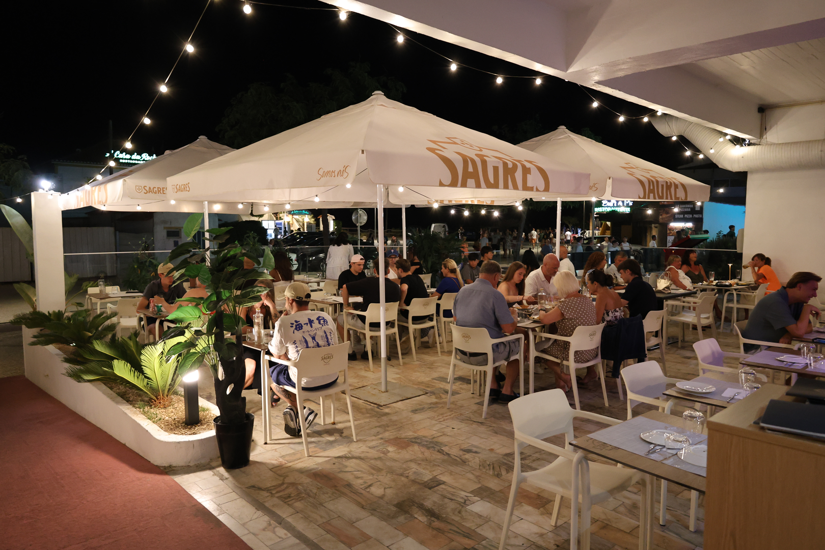Outdoor terrace with ambient lighting